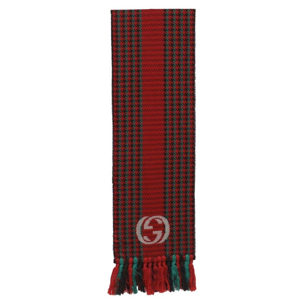 Gucci Houndstooth Scarf With Interlocking G In Red Wool